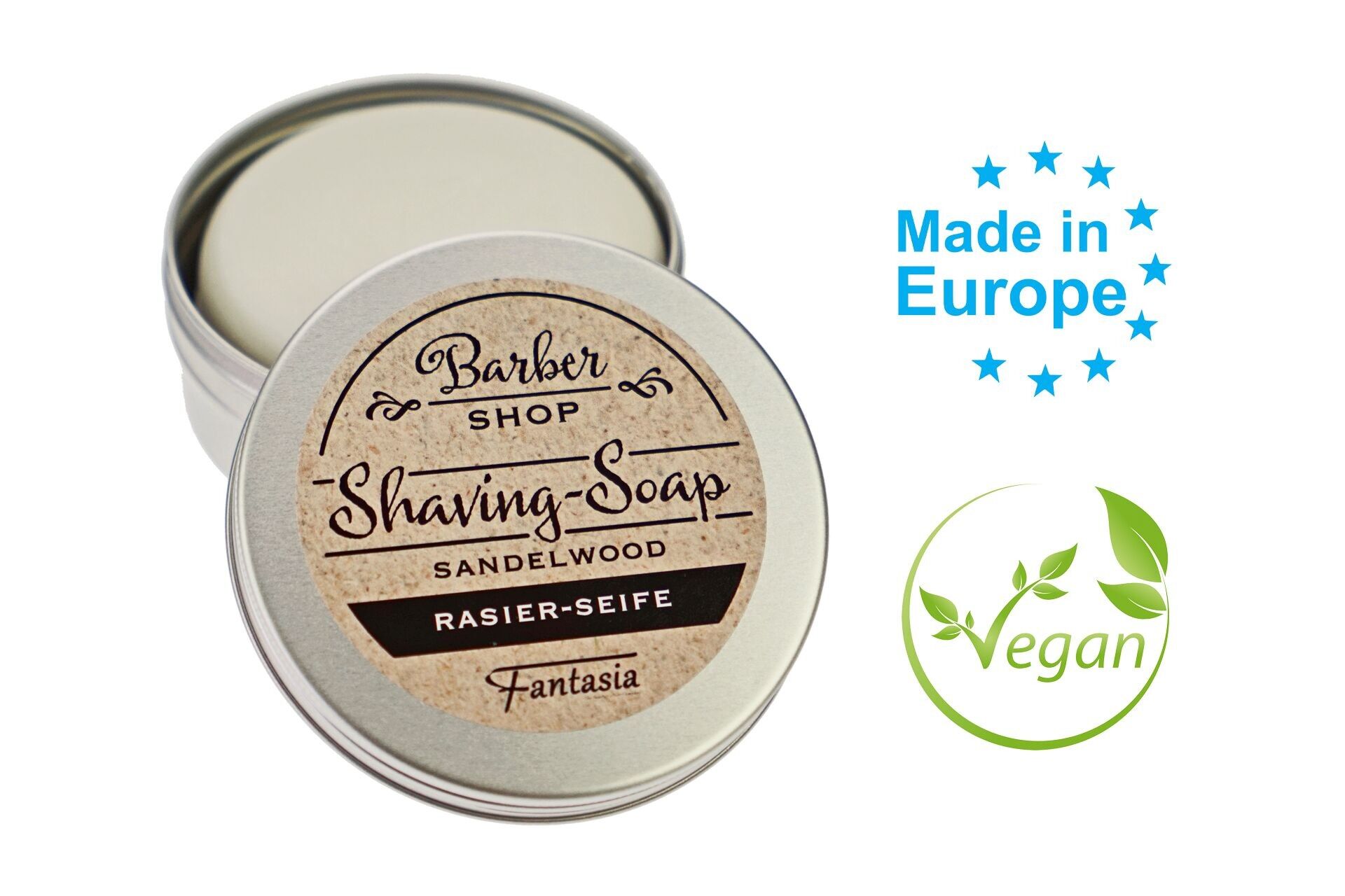 Shaving soap, around 100g, in aluminum can, silver, Ø 7.5 cm, scent: sandalwood