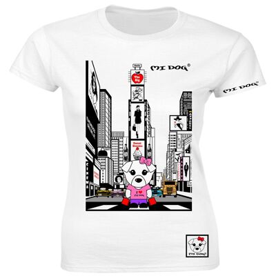 Mi Dog, Womens, Mi Dog In New York Times Square Fitted T Shirt,  White