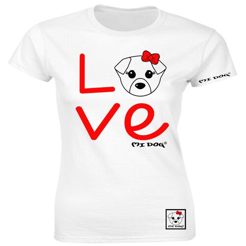 Mi Dog, Womens, Dog With Bow With The Word Love Fitted T Shirt,  White