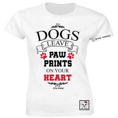 Mi Dog, Womens, Dogs lascia impronte di zampe sulla maglietta aderente a cuore, bianca