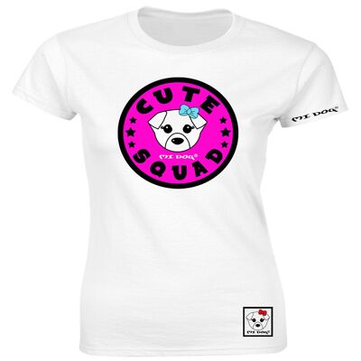 Mi Dog, camiseta ajustada con logotipo de la insignia de color rosa intenso para mujer, Cute Squad, color blanco