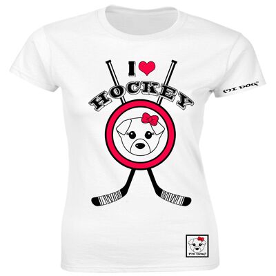 Maglietta aderente Mi Dog, da donna, I Love Hockey, bianca