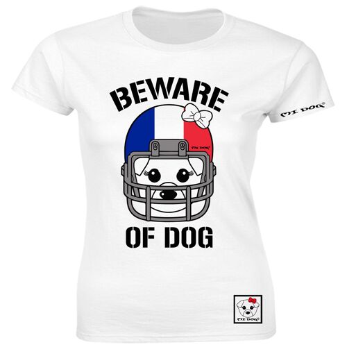 Mi Dog, Womens, Beware Of Dog American Football Helmet, France Flag, Fitted T Shirt,  White