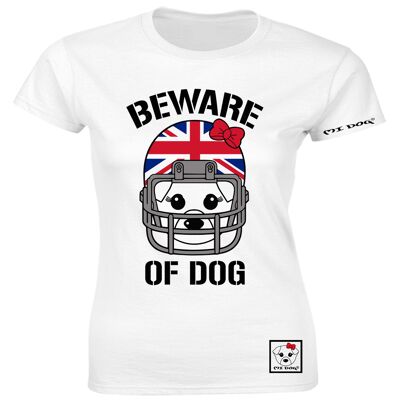 Mi Dog, Womens, Beware Of Dog Casco da football americano, bandiera del Regno Unito, maglietta aderente, bianco
