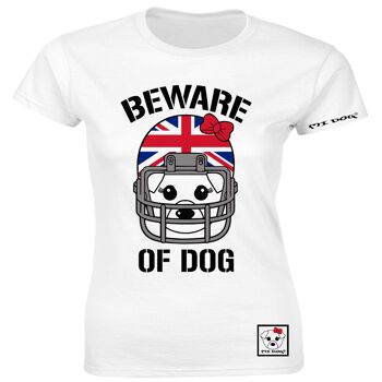 Mi Dog, Femme, Méfiez-vous du chien Casque de football américain, Royaume-UniDrapeau, T-shirt ajusté, Blanc 1