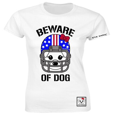 Mi Dog, Womens, Beware Of Dog American Football Helmet, United States Of America Flag, Fitted T Shirt,  White