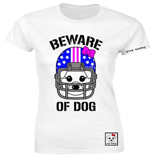Mi Dog, Womens, Beware Of Dog American Football Helmet, United States Of America Pink Flag, Fitted T Shirt,  White