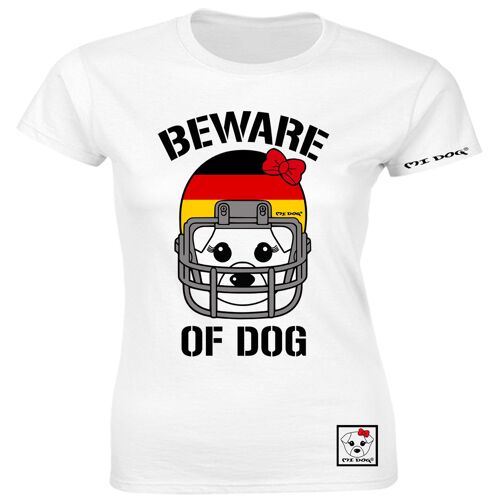 Mi Dog, Womens, Beware Of Dog American Football Helmet, German Flag, Fitted T Shirt,  White