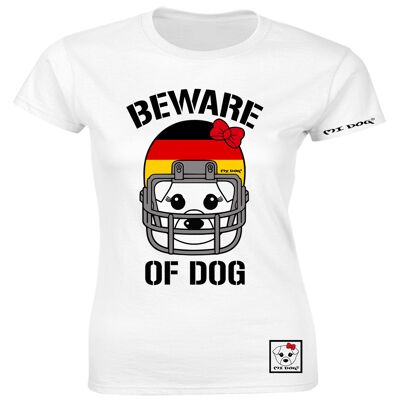Mi Dog, mujer, cuidado con el perro, casco de fútbol americano, bandera alemana, camiseta ajustada, blanco