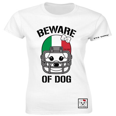 Mi Dog, Womens, Beware Of Dog Casque de football américain, Drapeau italien, T-shirt ajusté, Blanc