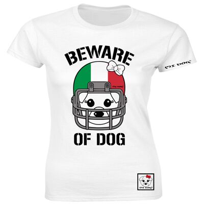 Mi Dog, Womens, Beware Of Dog American Football Helmet, Italien Flag, Fitted T Shirt,  White