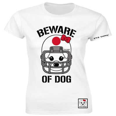 Mi Dog, Womens, Beware Of Dog Casque de football américain, Drapeau du Japon, T-shirt ajusté, Blanc
