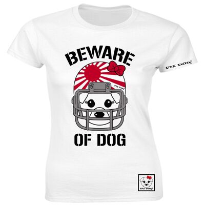 Mi Dog, mujer, cuidado con el perro, casco de fútbol americano, bandera del sol naciente de Japón, camiseta ajustada, blanco