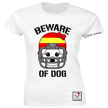 Mi Dog, Womens, Beware Of Dog Casque de football américain, Drapeau espagnol, T-shirt ajusté, Blanc 1