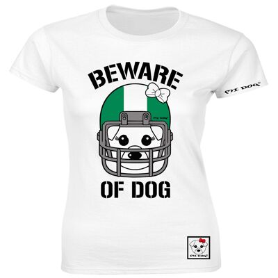 Mi Dog, mujer, cuidado con el perro, casco de fútbol americano, bandera de Nigeria, camiseta ajustada, blanco