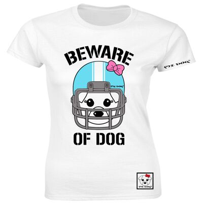 Mi Dog, Mujer, Beware Of Dog Casco de fútbol americano Azul, Camiseta ajustada, Blanco