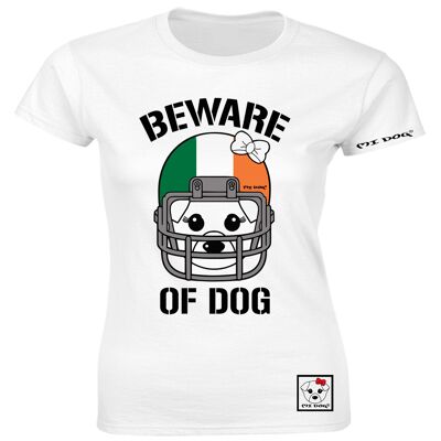 Mi Dog, mujer, cuidado con el perro, casco de fútbol americano, bandera de Irlanda, camiseta ajustada, blanco