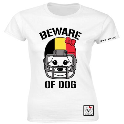 Mi Dog, mujer, cuidado con el perro, casco de fútbol americano, bandera de Bélgica, camiseta ajustada, blanco