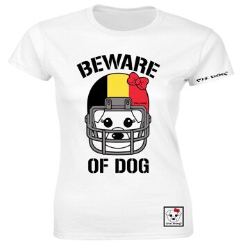 Mi Dog, Womens, Beware Of Dog Casque de football américain, Drapeau belge, T-shirt ajusté, Blanc 1