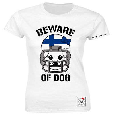 Mi Dog, mujer, cuidado con el perro, casco de fútbol americano, bandera de Finlandia, camiseta ajustada, blanco