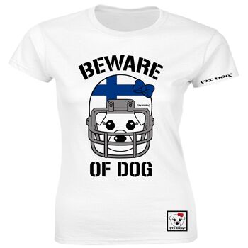 Mi Dog, Womens, Beware Of Dog Casque de football américain, Drapeau de la Finlande, T-shirt ajusté, Blanc 1