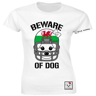 Mi Dog, mujer, cuidado con el perro, casco de fútbol americano, bandera de Gales, camiseta ajustada, blanco