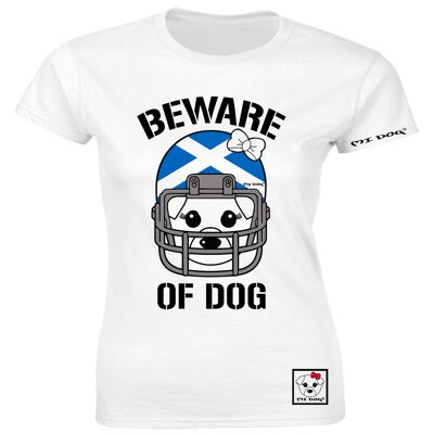 Mi Dog, mujer, cuidado con el perro, casco de fútbol americano, bandera de Escocia, camiseta ajustada, blanco