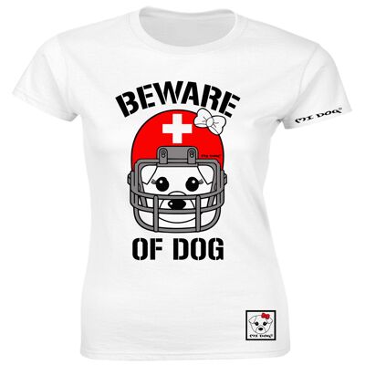 Mi Dog, Womens, Beware Of Dog Casque de football américain, Drapeau Suisse, T-shirt ajusté, Blanc