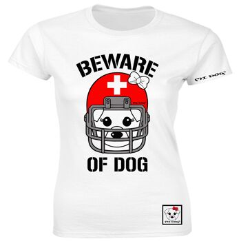 Mi Dog, Womens, Beware Of Dog Casque de football américain, Drapeau Suisse, T-shirt ajusté, Blanc 1