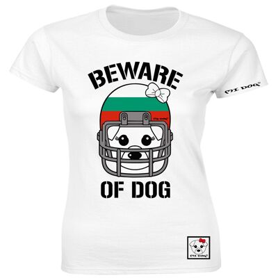 Mi Dog, mujer, cuidado con el perro, casco de fútbol americano, bandera de Bulguria, camiseta ajustada, blanco