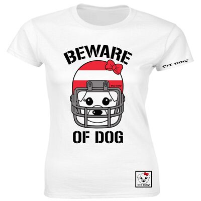 Mi Dog, mujer, cuidado con el perro, casco de fútbol americano, bandera de Austria, camiseta ajustada, blanco