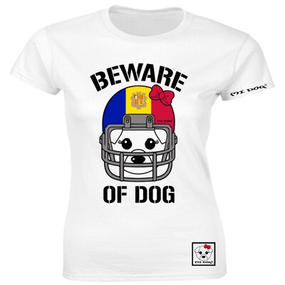 Mi Dog, Womens, Beware Of Dog Casque de football américain, Drapeau d'Andorre, T-shirt ajusté, Blanc