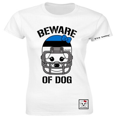 Mi Dog, mujer, cuidado con el perro, casco de fútbol americano, bandera de Estonia, camiseta ajustada, blanco