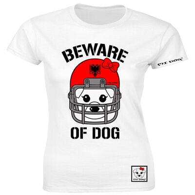 Mi Dog, Womens, Beware Of Dog Casco da Football Americano, Bandiera Albania, Maglietta Aderente, Bianco