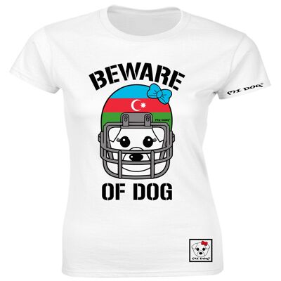 Mi Dog, Womens, Beware Of Dog Casque de football américain, Drapeau de l'Azerbaïdjan, T-shirt ajusté, Blanc