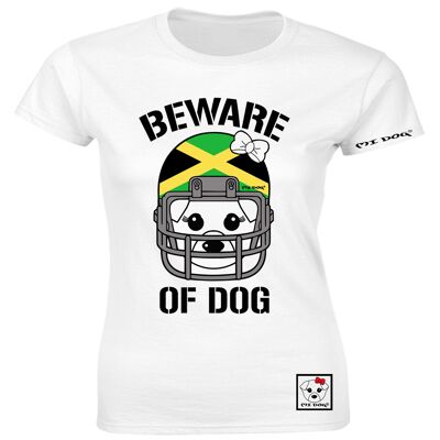 Mi Dog, mujer, cuidado con el perro, casco de fútbol americano, bandera de Jamaica, camiseta ajustada, blanco