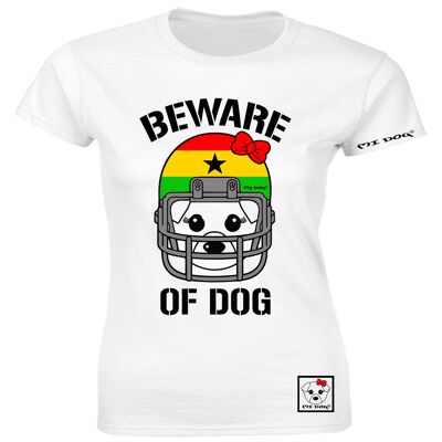 Mi Dog, mujer, cuidado con el perro, casco de fútbol americano, bandera de Ghana, camiseta ajustada, blanco