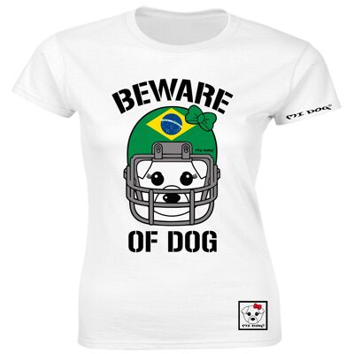 Mi Dog, mujer, cuidado con el perro, casco de fútbol americano, bandera de Brasil, camiseta ajustada, blanco