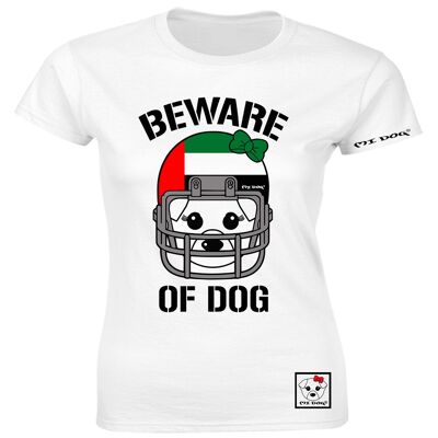 Mi Dog, Womens, Beware Of Dog American Football Helmet, Dubai Flag, Fitted T Shirt,  White