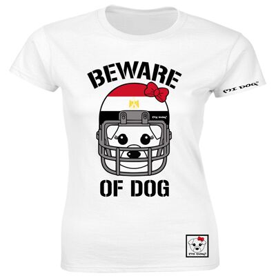 Mi Dog, mujer, cuidado con el perro, casco de fútbol americano, bandera de Egipto, camiseta ajustada, blanco