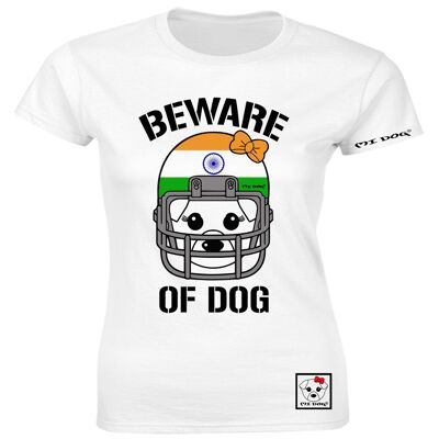 Mi Dog, mujer, cuidado con el perro, casco de fútbol americano, bandera de India, camiseta ajustada, blanco