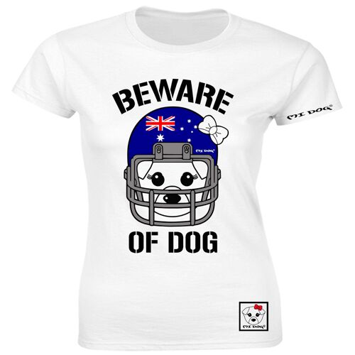 Mi Dog, Womens, Beware Of Dog American Football Helmet, Australia Flag, Fitted T Shirt,  White