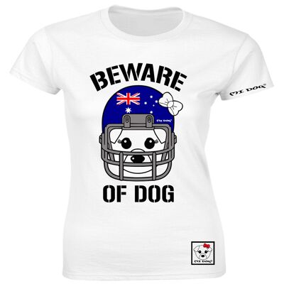 Mi Dog, mujer, cuidado con el perro, casco de fútbol americano, bandera de Australia, camiseta ajustada, blanco