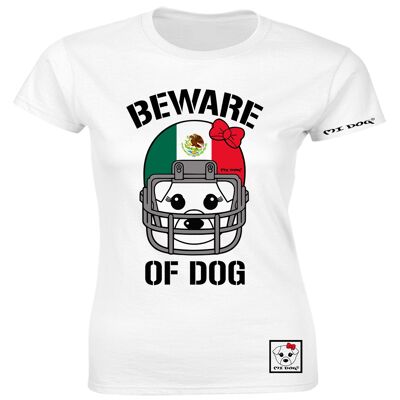 Mi Dog, mujer, cuidado con el perro, casco de fútbol americano, bandera de México, camiseta ajustada, blanco