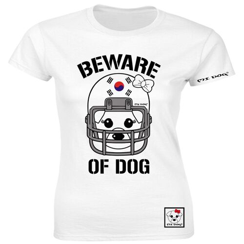 Mi Dog, Womens, Beware Of Dog American Football Helmet, Korea Flag, Fitted T Shirt,  White