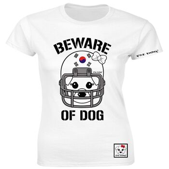 Mi Dog, Womens, Beware Of Dog Casque de football américain, Drapeau coréen, T-shirt ajusté, Blanc 1