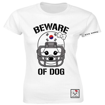 Mi Dog, mujer, cuidado con el perro, casco de fútbol americano, bandera de Corea, camiseta ajustada, blanco