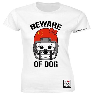 Mi Dog, mujer, cuidado con el perro, casco de fútbol americano, bandera de China, camiseta ajustada, blanco