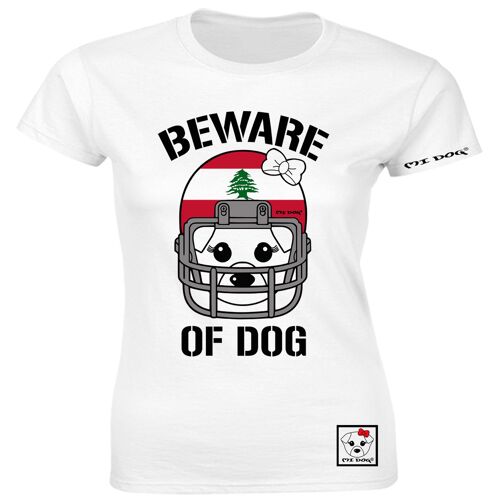 Mi Dog, Womens, Beware Of Dog American Football Helmet, Lebanese Flag, Fitted T Shirt,  White