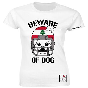 Mi Dog, Femme, Méfiez-vous du chien Casque de football américain, Drapeau libanais, T-shirt ajusté, Blanc 1